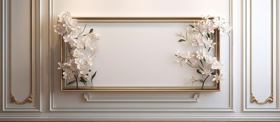 A photo frame in a luxurious gallery room or hall, adorned with ornamental decorations, showcased through a ing.
