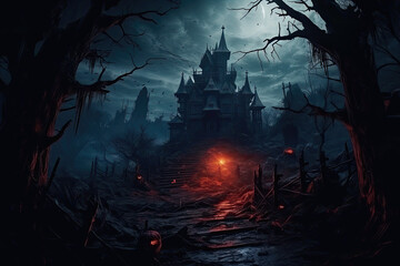 Halloween Haunted House, Silhouette, Generative AI