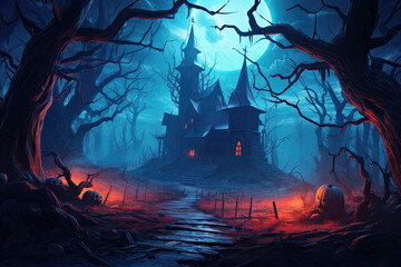 Halloween Haunted House, Silhouette, Generative AI