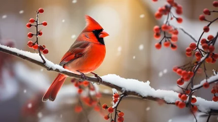 Wandcirkels plexiglas A red cardinal bird on snowy tree branches, framed by an enchantingly blurred background and the tranquil sunlight of the winter and Christmas ambiance. © Matthew