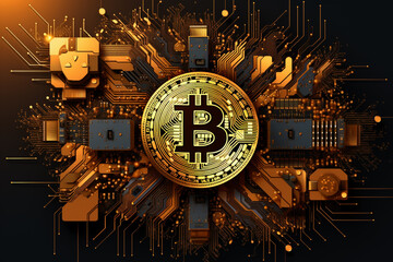 Bitcoin BTC Symbol Münze mit Computer Blockchain Technologie. Generative Ai.
