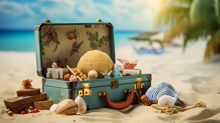 Vintage suitcase with beach accessories on sandy beach. Summer vacation concept