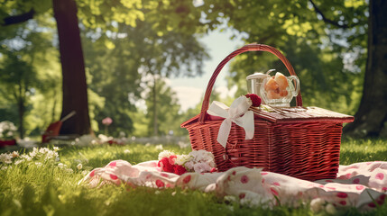 Picnic basket on green grass in the park with flowers and crockery