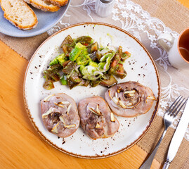 Healthy vegetable avocado salad and roasted turkey. Top view. American food. Diet Concept.