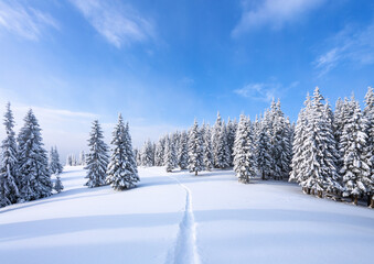 Obraz premium Nature winter landscape. Lawn covered with snow. Snowy background. Location place the Carpathian, Ukraine, Europe.