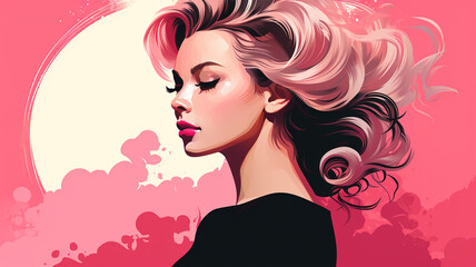 Barbershop logo, pink colors, hair salon, girl with luxurious hair