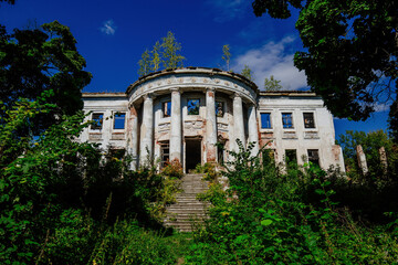 Ruined overgrown old abandoned mansion. Former estate of the Golitsyns in Zubrilovka