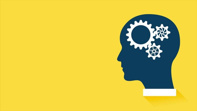 Cogwheel gears brain inside human head suitable for artificial intelligence, technological engineering, symbols of thinking and brainstorming concept.