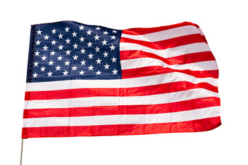 Fototapeta premium Flag of United States with horizontal stripe of red and white, fifty five-pointed stars in blue rectangle, representing fifty states, symbolizing American unity waving on flagstaff. Isolated over