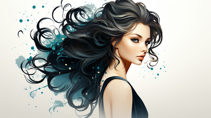 Barbershop logo, hair salon, girl with luxurious hair, cosmetology and hair health concept