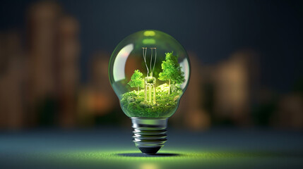 Ecology lightbulb with green forest inside. 3D rendering