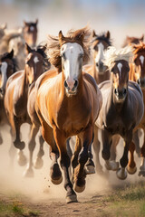 a herd of horses run across the field, steppe. many animals, pets graze. farm or household. strength and speed