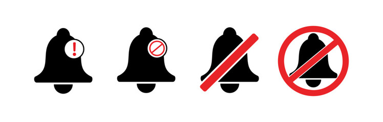 Disabled social media notification ring bell set. Flat icon collection to use in application alarm, incoming alert design projects. 