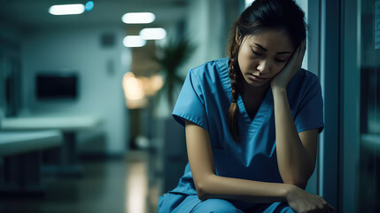 A sad nurse worries alone in an empty medical clinic. Hard work of the nursing staff, sleepless night in emergency surgery.