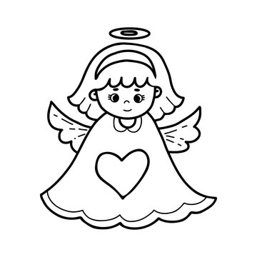 Christmas cute little angel girl. Vector illustration. outline hand drawing. Heavenly character for Xmas, new year design, holiday card, decor, coloring. Cute kids collection