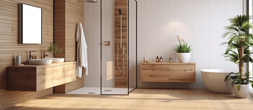 eco minimalist bathroom with double sinks, shower, and wooden parquet floor. No individuals.