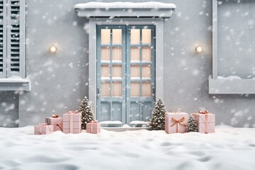 Christmas gifts in front of the doorway of a house, during a cool snowy night.