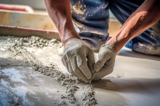 Bricklayer applies a layer of cement on the floor of a home, without protective measures with unprotected skin.