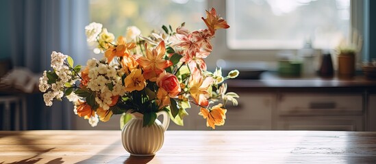 Fototapeta na wymiar Table with flowers in a house.
