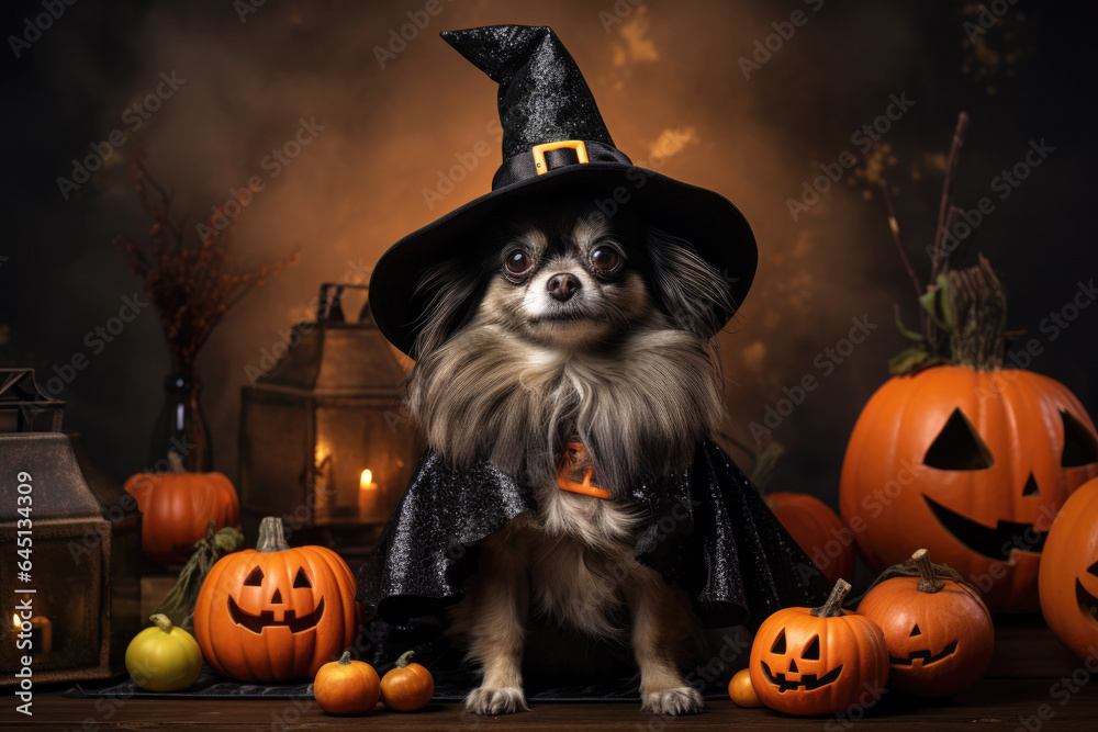 Wall mural funny chihuahua dog in halloween costume, cute pet with scary pumpkins - Wall murals