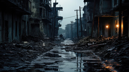 City street after war or earthquake, buildings ruins in apocalypse - obrazy, fototapety, plakaty