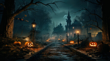 Spooky road with scary pumpkins in haunted town on Halloween night