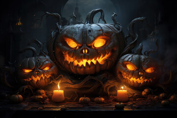 Fototapeta premium Scary evil pumpkins lanterns in dark wood on creepy Halloween night
