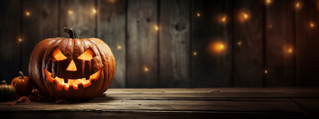 Scary Halloween pumpkin lantern and magic lights on wood background