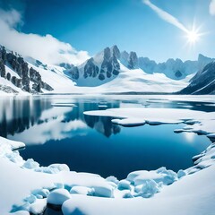 A mountain landscape covered in snow with a frozen lake in the center