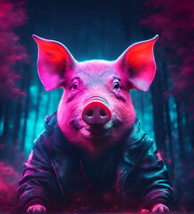 Cyberpunk pig in neon lighting, futuristic photorealistic illustration
