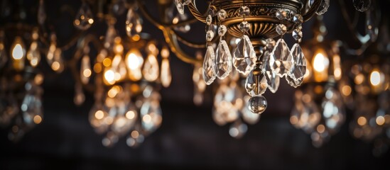 Close up of a rustic-style crystal chandelier with copy space.