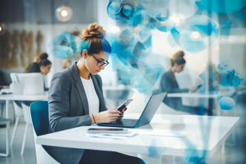 Beautiful young business woman sitting at the office and working online on her computer.
