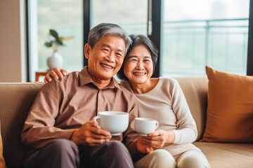 Loving senior asian couple sitting together and drinking tea, enjoying and smiling.