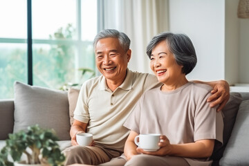 Loving senior asian couple sitting together and drinking tea, enjoying and smiling.