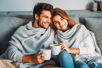 Loving young couple sitting together and drinking tea, enjoying and smiling.