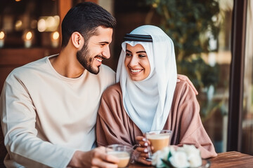 Fototapeta na wymiar Loving young muslim couple sitting together and drinking tea, enjoying and smiling.