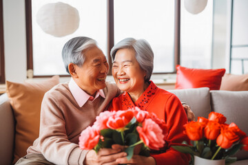 Obraz na płótnie Canvas Beautiful asian elderly couple looking in love, concept of valentines day gift