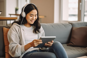 Beautiful young asian woman sitting on couch and using a electronic tablet for entertainment