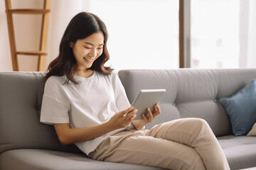 Beautiful young asian woman sitting on couch and using a electronic tablet for entertainment