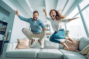 Beautiful young energetic caucasian couple jumping off sofa in the living room and smiling, young love - obrazy, fototapety, plakaty