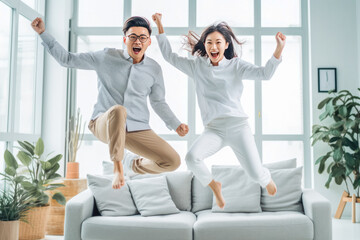 Obraz premium Beautiful young energetic asian couple jumping off sofa in the living room and smiling, young love