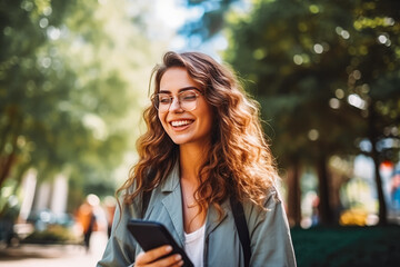 Beautiful young caucasian woman standing outside in city park with a mobile phone in her hand and smiling