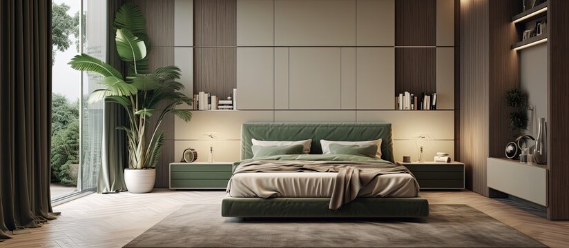 Beige and green decor for modern bedroom.