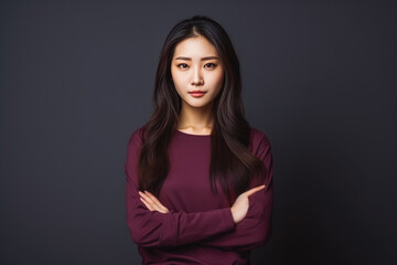 Obraz premium Portrait of beautiful asian female looking serious in casual clothes on a colored background