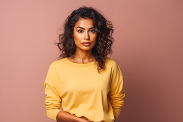 Obraz premium Portrait of beautiful latino female looking serious in casual clothes on a colored background