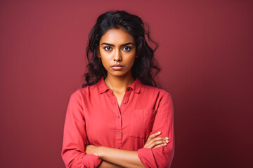 Fototapeta premium Portrait of beautiful indian female looking serious in casual clothes on a colored background