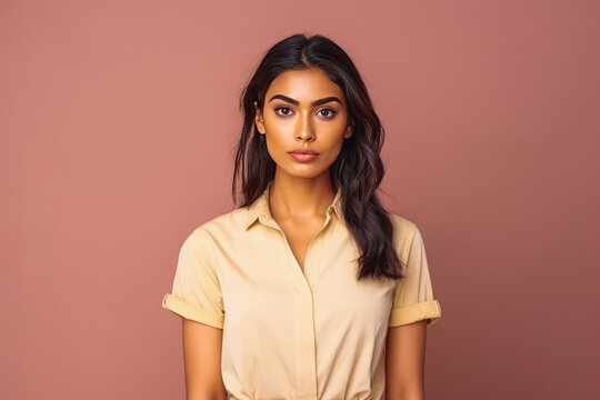 Portrait Of Beautiful Indian Female Looking Serious In Casual Clothes On A Colored Background