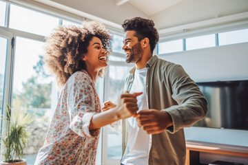 Beautiful young couple dancing to music and having the time of their lives in living room