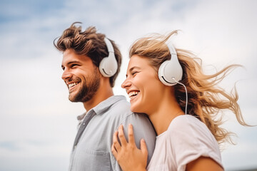 Beautiful young caucasian couple listing to music with headphones and enjoying the music