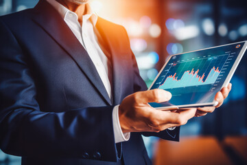Close up of businessman using electronic tablet for looking at economic graphs and analyzing them